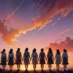 Women holding hands towards a sunset