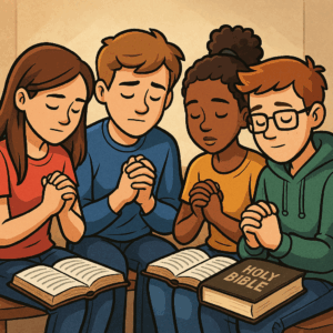 Cartoon image of Christian teens praying together at a Bible study